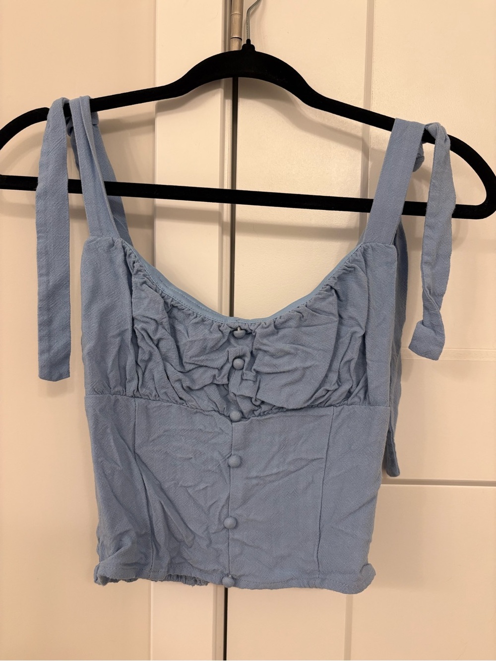 Sienna Sky Light Blue Tie-Strap Button Front Crop Top